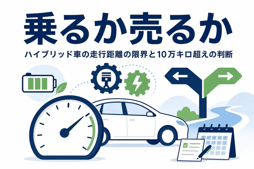 ハイブリッド車のシルエットと走行距離計、分かれ道の標識のイラストと、10万キロ超えで乗るか売るかを紹介する記事タイトル