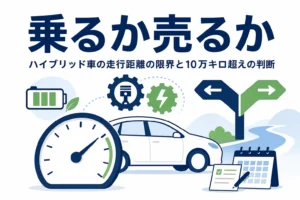 ハイブリッド車のシルエットと走行距離計、分かれ道の標識のイラストと、10万キロ超えで乗るか売るかを紹介する記事タイトル
