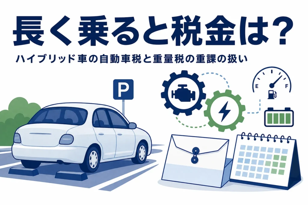 駐車場に停まる乗用車のシルエットと通知書・カレンダーが並び、ハイブリッド車を長く乗った時の税金を解説する記事タイトル