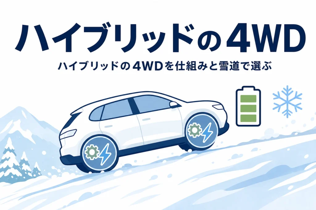 雪の坂道を登るSUVのシルエットと前後輪のモーターのマーク、ハイブリッドの4WDの選び方を紹介する記事タイトル