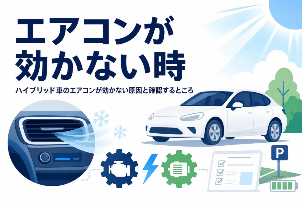 夏の日差しの中の乗用車とエアコンのアイコンに「エアコンが効かない時」の文字