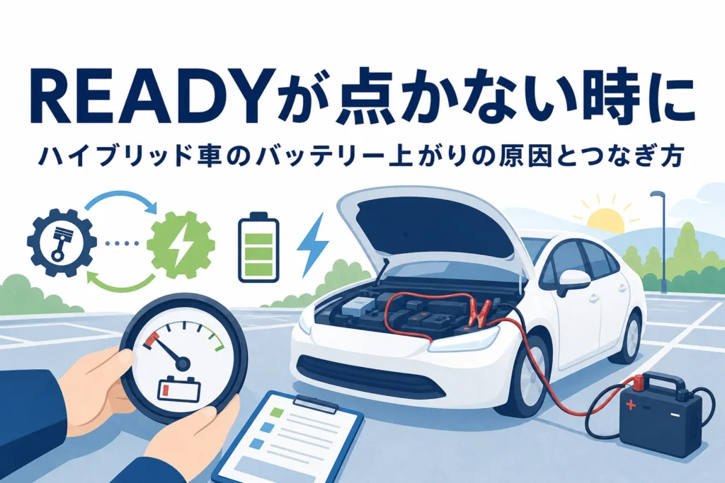 駐車場の乗用車のシルエットと救援ケーブル・電池マークが並び、ハイブリッド車のバッテリー上がりの対処を解説する記事タイトル
