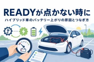 駐車場の乗用車のシルエットと救援ケーブル・電池マークが並び、ハイブリッド車のバッテリー上がりの対処を解説する記事タイトル