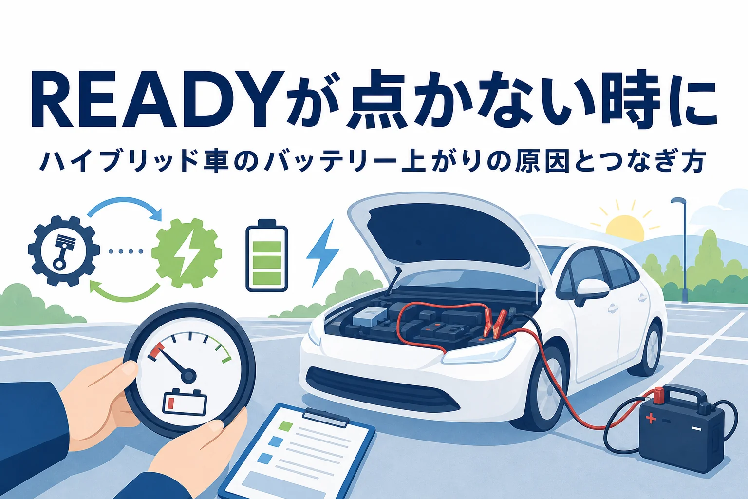 駐車場の乗用車のシルエットと救援ケーブル・電池マークが並び、ハイブリッド車のバッテリー上がりの対処を解説する記事タイトル