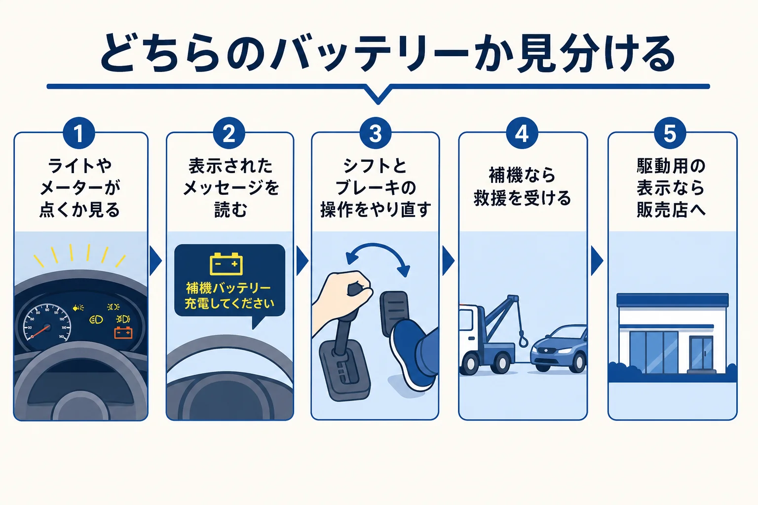 READYが点かない時に補機バッテリーか駆動用バッテリーかを様子とメッセージで見分ける手順の図解