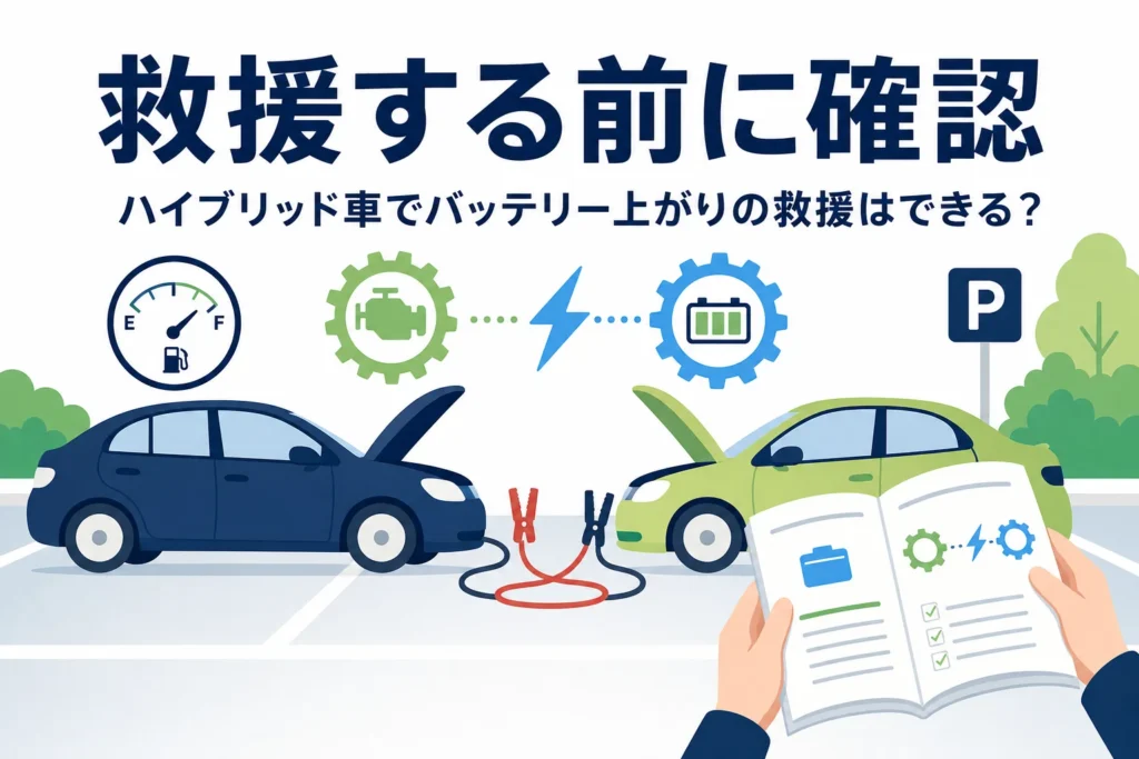 駐車場に並ぶ2台の乗用車と救援ケーブル・取扱説明書が描かれ、ハイブリッド車の救援の注意を解説する記事タイトル