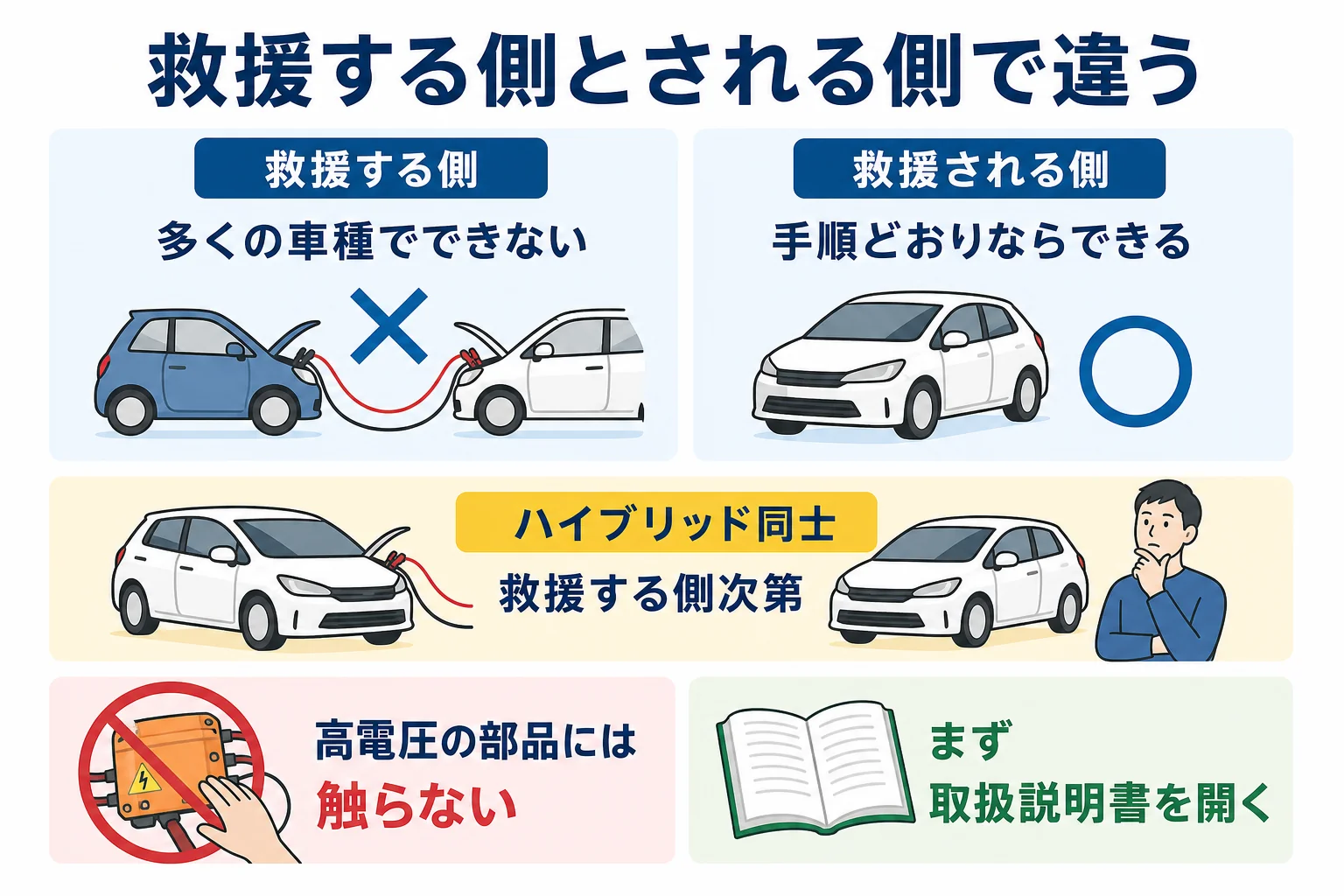 救援する側と救援される側でハイブリッド車ができることとやめておきたいことを分けた図解