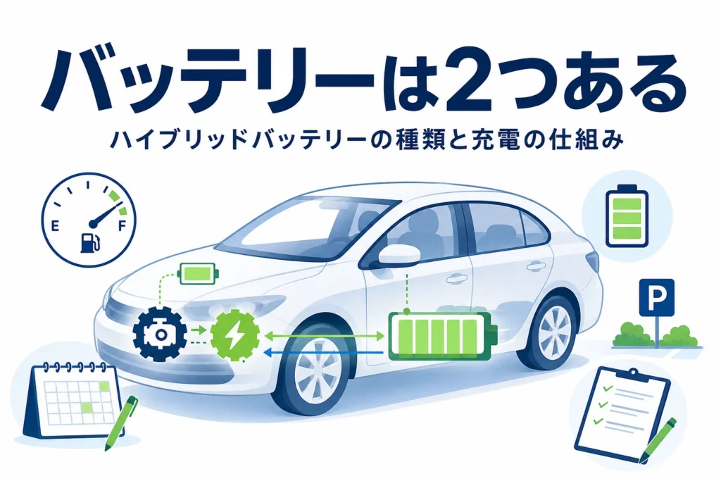 乗用車のシルエットの中に大小2つの電池マークが描かれ、ハイブリッドバッテリーの種類と充電の仕組みを紹介する記事タイトル