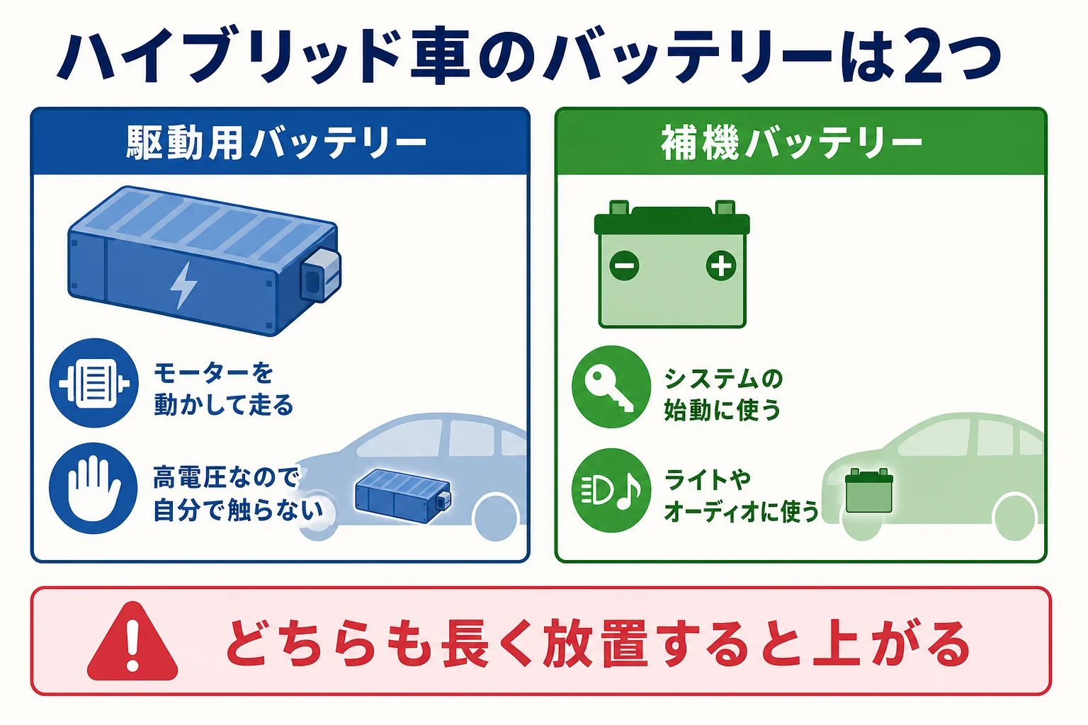 ハイブリッド車に積まれた駆動用バッテリーと補機バッテリーの役割の違いを示した図解