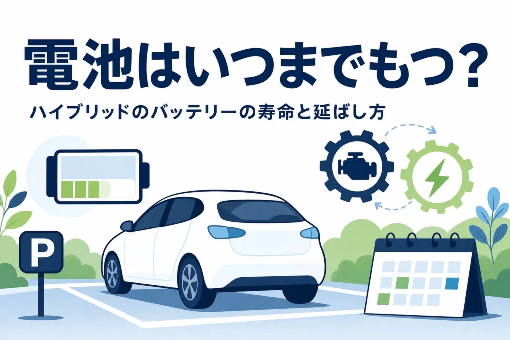 駐車場の乗用車のシルエットと電池マーク・カレンダーが並び、ハイブリッドのバッテリーの寿命を解説する記事タイトル