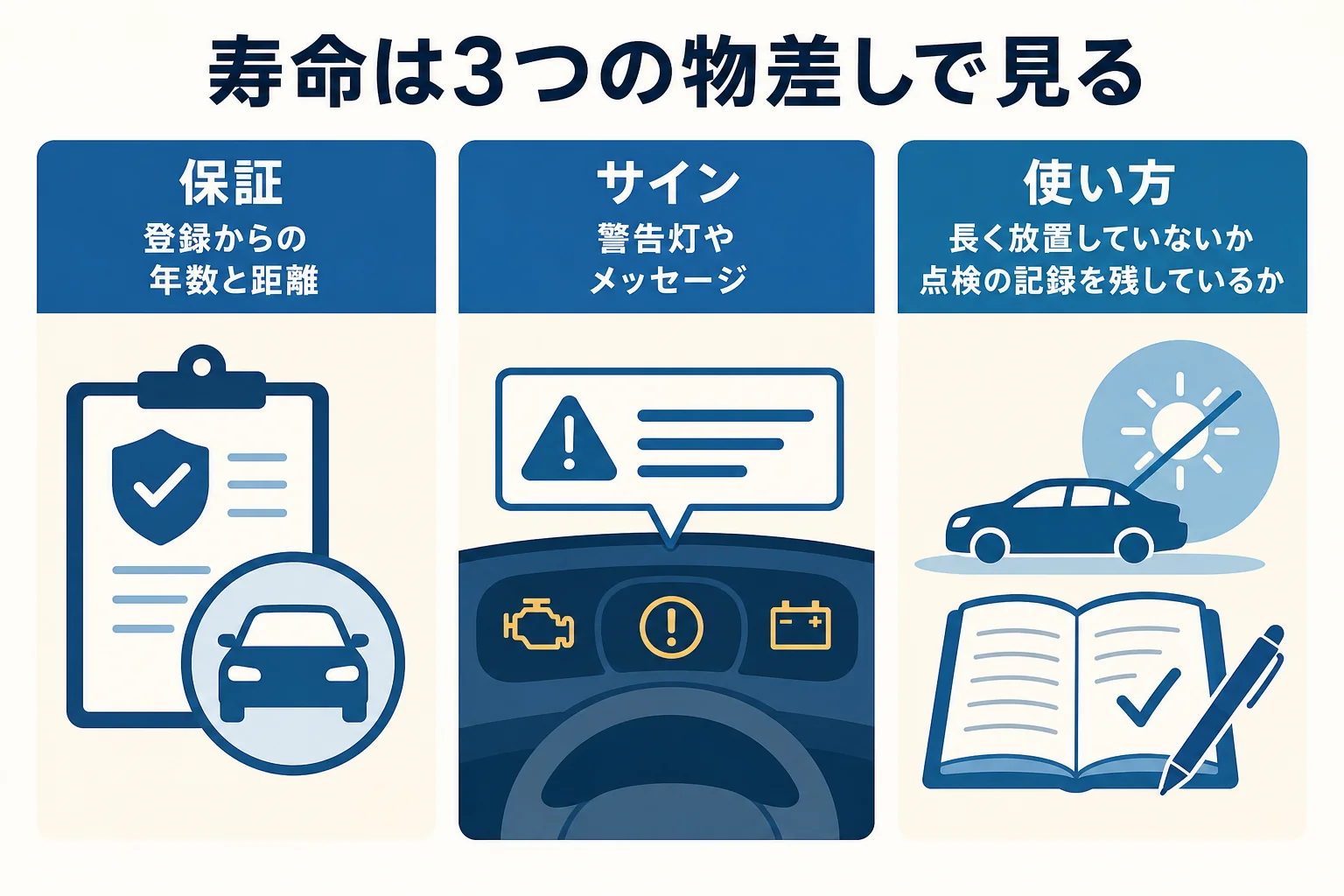 ハイブリッドのバッテリーの寿命を保証期間・劣化のサイン・使い方の3つで見る方法を描いた図解