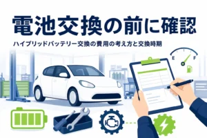 整備工場の乗用車のシルエットと電池マーク・見積書を持つ手元が並び、ハイブリッドバッテリー交換の考え方を解説する記事タイトル