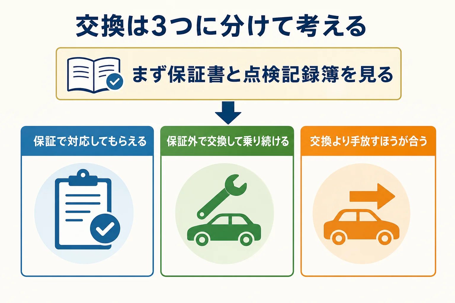 ハイブリッドバッテリー交換を保証で直る・保証外で交換・手放すの3つに分けた判断の図解