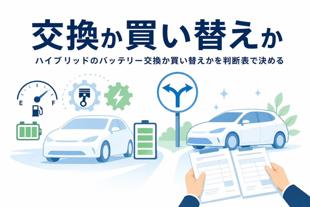ハイブリッド車と電池マーク、新しい車のシルエットを見比べるイラストと、バッテリー交換か買い替えかを決める記事タイトル