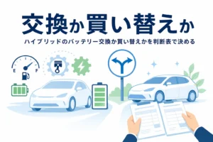 ハイブリッド車と電池マーク、新しい車のシルエットを見比べるイラストと、バッテリー交換か買い替えかを決める記事タイトル
