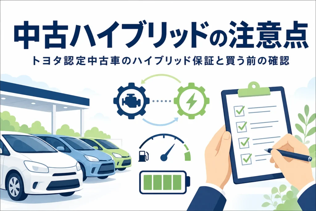 中古車展示場の乗用車のシルエットと電池マーク・チェックリストを持つ手元が並び、中古ハイブリッドの注意点を解説する記事タイトル