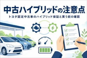中古車展示場の乗用車のシルエットと電池マーク・チェックリストを持つ手元が並び、中古ハイブリッドの注意点を解説する記事タイトル