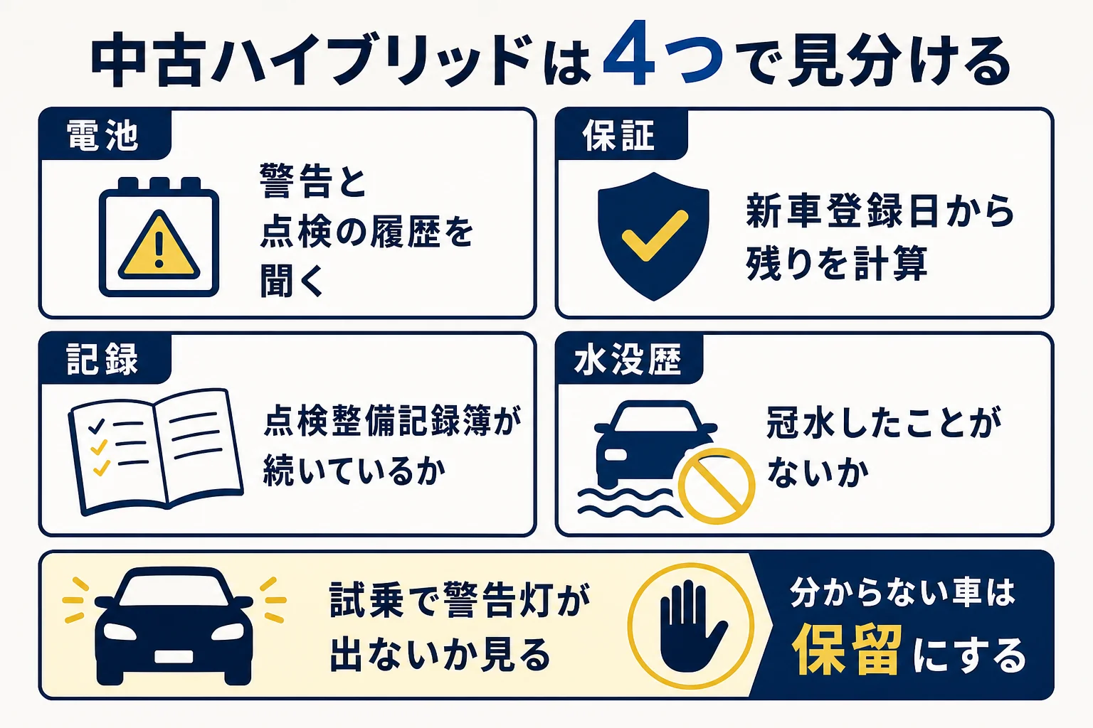 中古のハイブリッド車を電池・保証・記録・水没歴の4つで見分けるチェックリストの図解