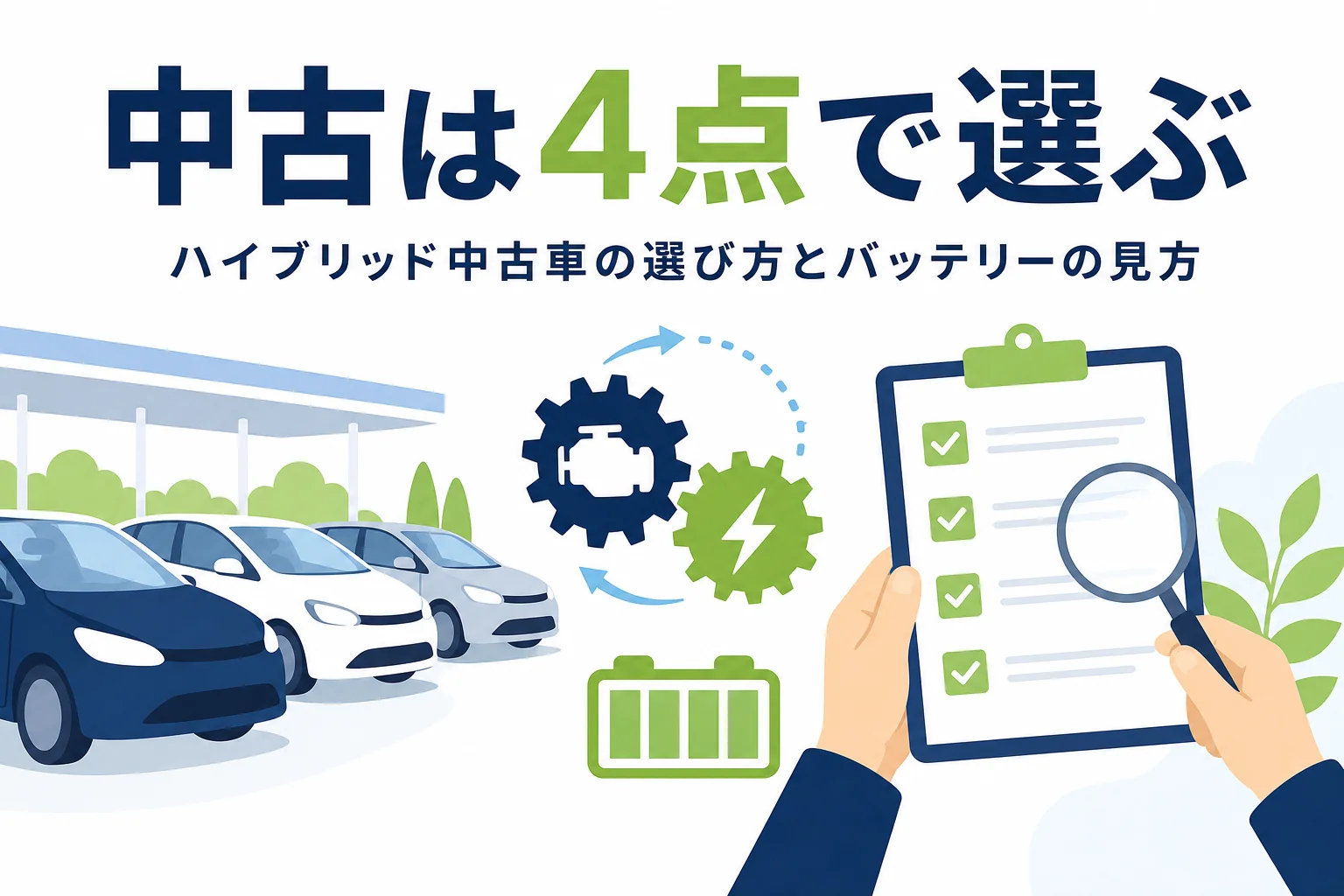 展示場に並ぶ乗用車のシルエットと電池マーク・チェックリストを持つ手元が並び、ハイブリッド中古車の選び方を解説する記事タイトル