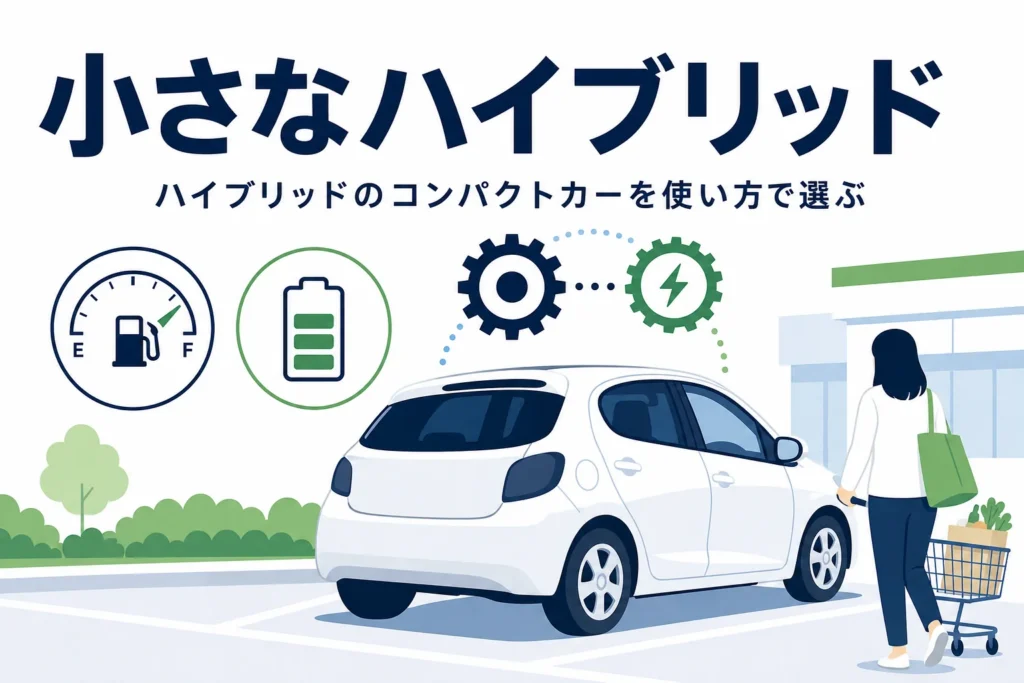 スーパーの駐車場に止まったコンパクトカーのシルエットとエンジン・モーターのマーク、ハイブリッドのコンパクトカーの選び方を紹介する記事タイトル