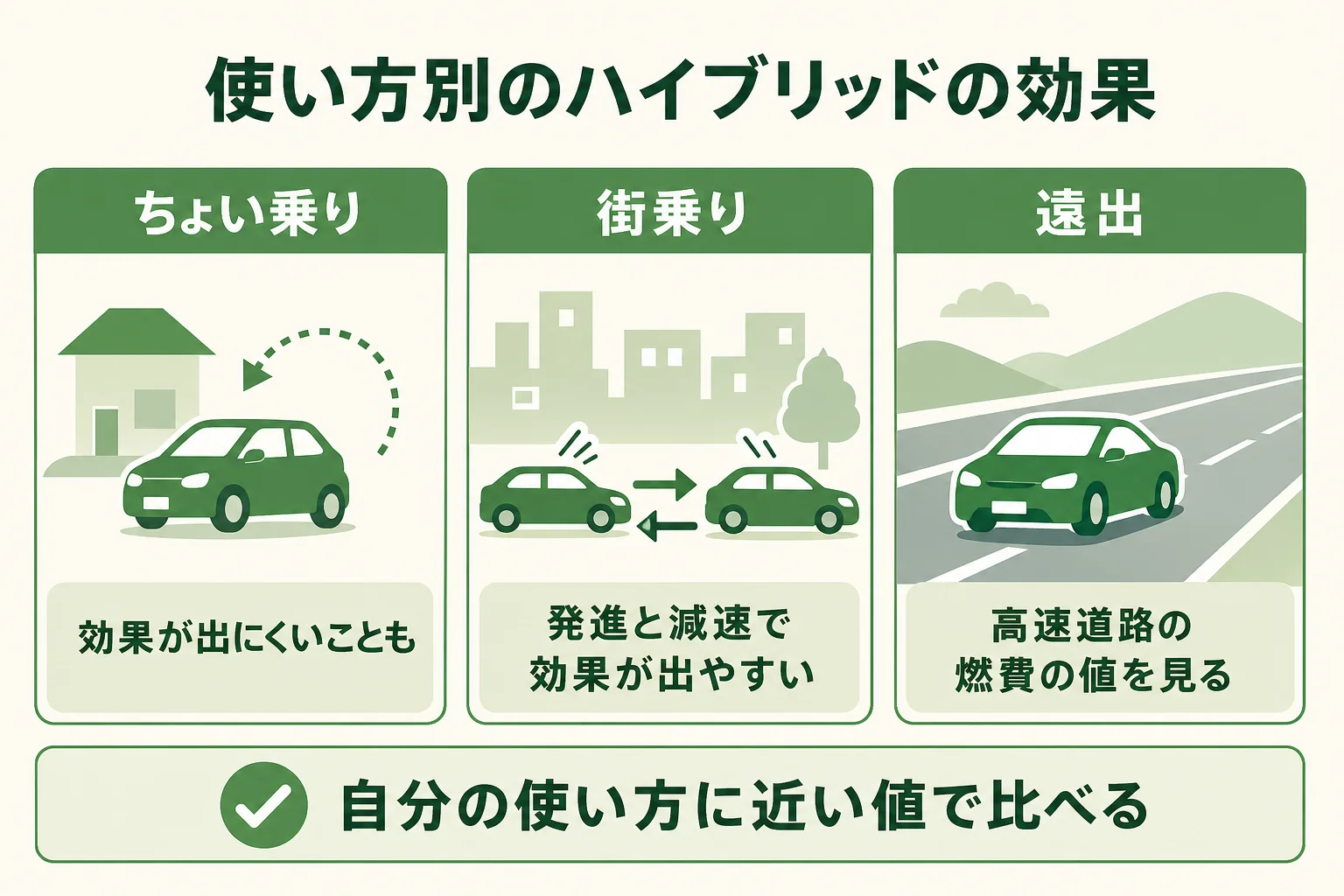 ハイブリッドのコンパクトカーの効果の出方を、ちょい乗り・街乗り・遠出の使い方別に並べた図解