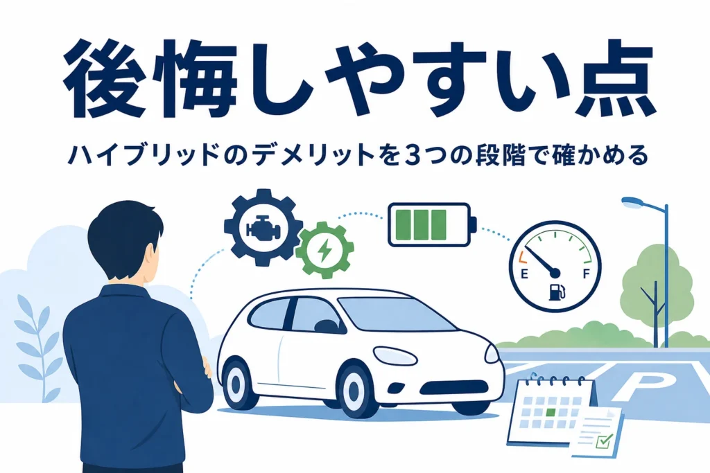 ハイブリッド車のシルエットと電池や燃料計のマーク、デメリットを考える人の後ろ姿と記事タイトル