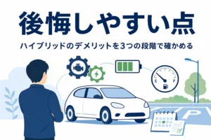 ハイブリッド車のシルエットと電池や燃料計のマーク、デメリットを考える人の後ろ姿と記事タイトル