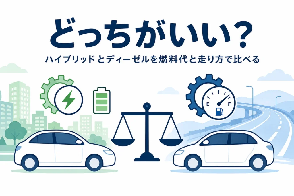 ハイブリッド車とディーゼル車を街並みと高速道路を背景に天びんで比べるイラストと、どっちがいいかの記事タイトル