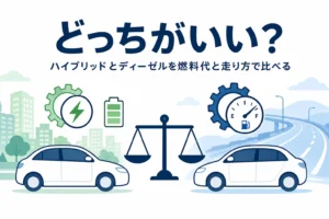 ハイブリッド車とディーゼル車を街並みと高速道路を背景に天びんで比べるイラストと、どっちがいいかの記事タイトル