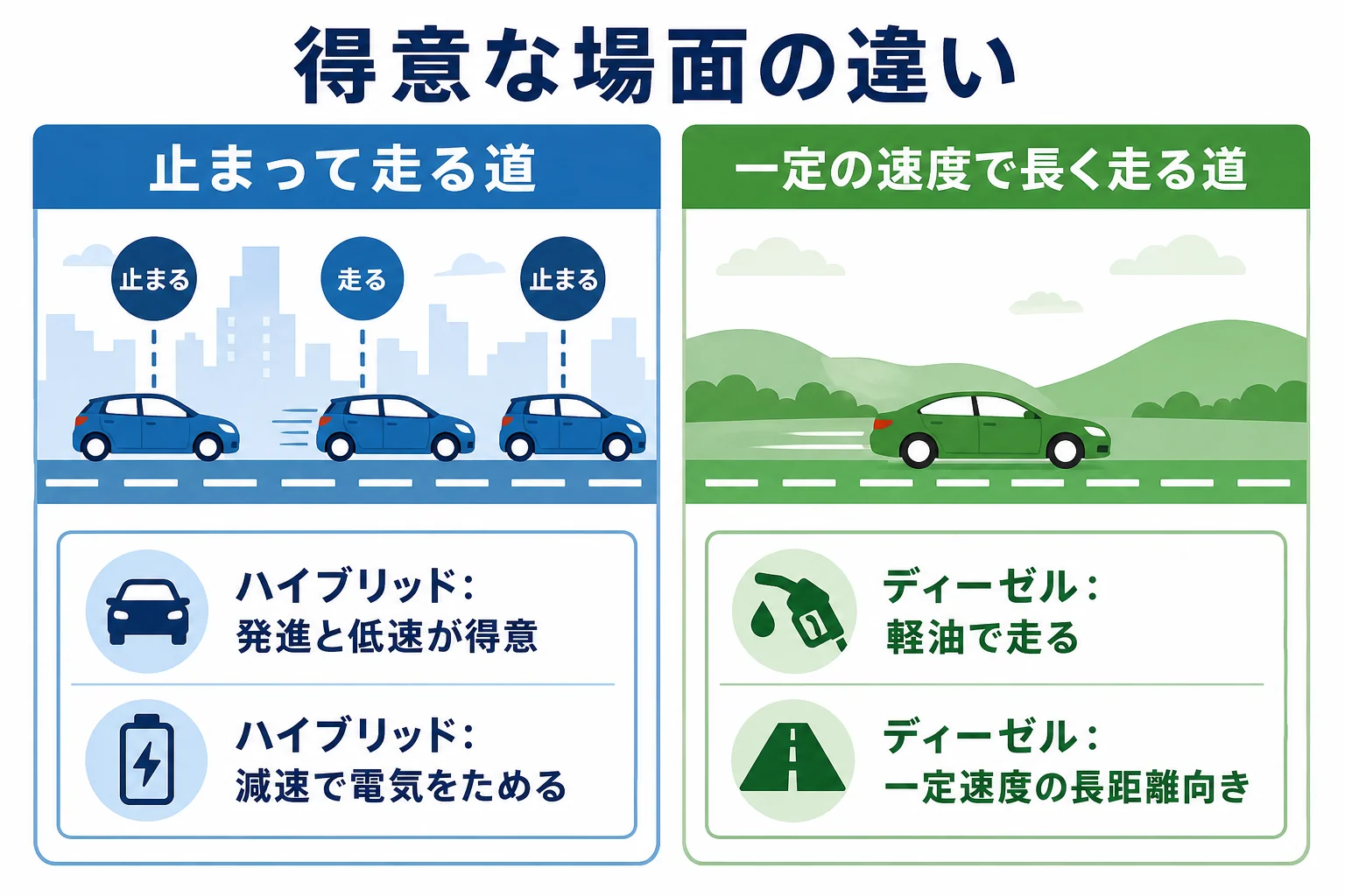 ハイブリッドとディーゼル車の仕組みと得意な場面の違いを比べた図解