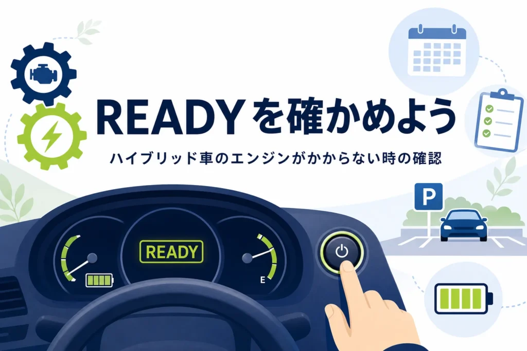 運転席のメーターとパワースイッチを押す手元が描かれ、ハイブリッド車のエンジンがかからない時の確認を解説する記事タイトル