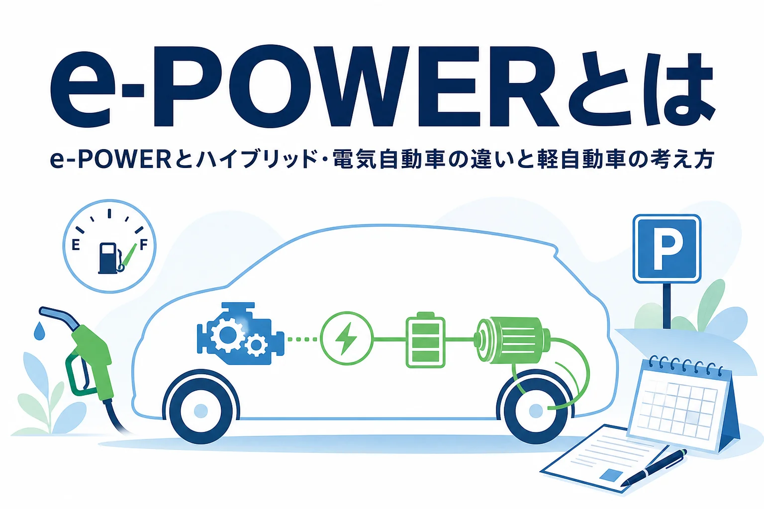 エンジンで作った電気でモーターがタイヤを回す仕組みのイラストと、e-POWERとは何かを紹介する記事タイトル