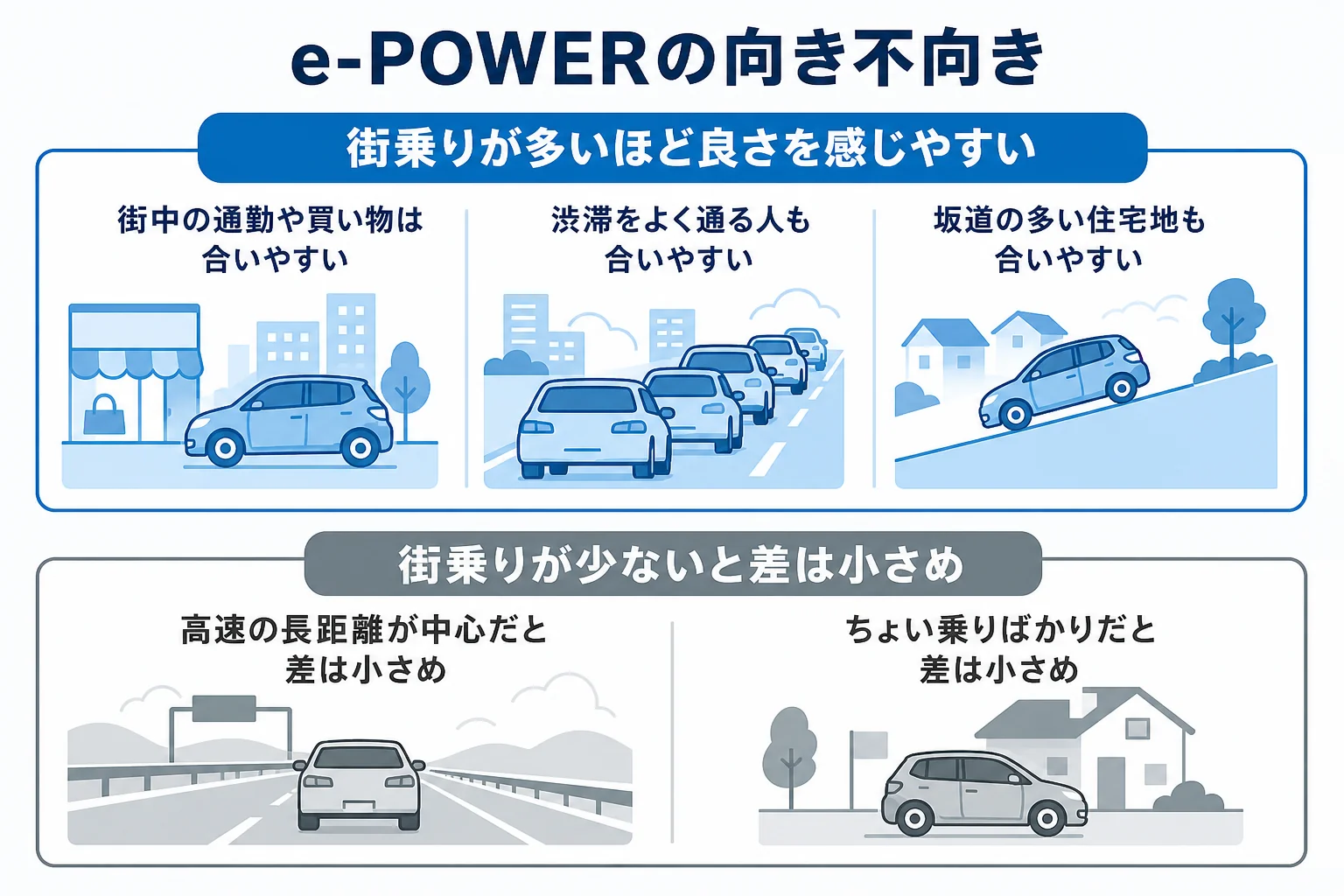 e-POWERが合いやすい街乗り中心の使い方と、差が小さくなりやすい高速中心の使い方を比べた図解