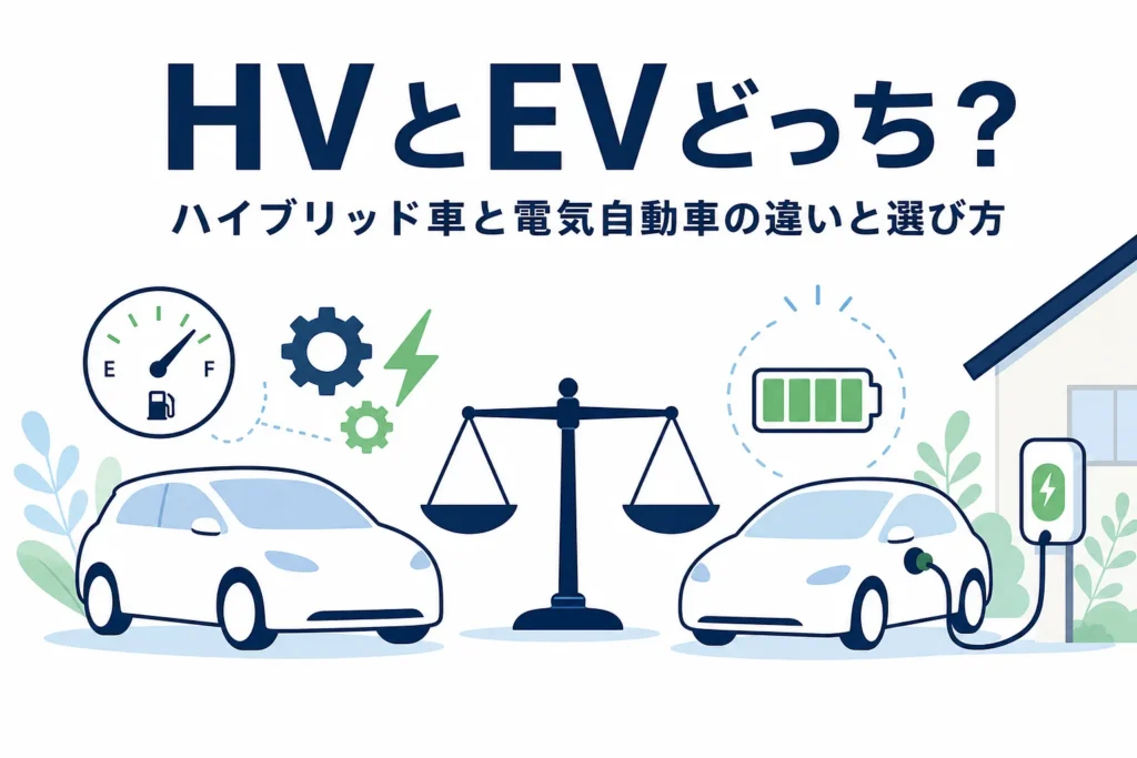 ハイブリッド車と充電中の電気自動車を天びんで比べるイラストと、どっちを選ぶかの記事タイトル