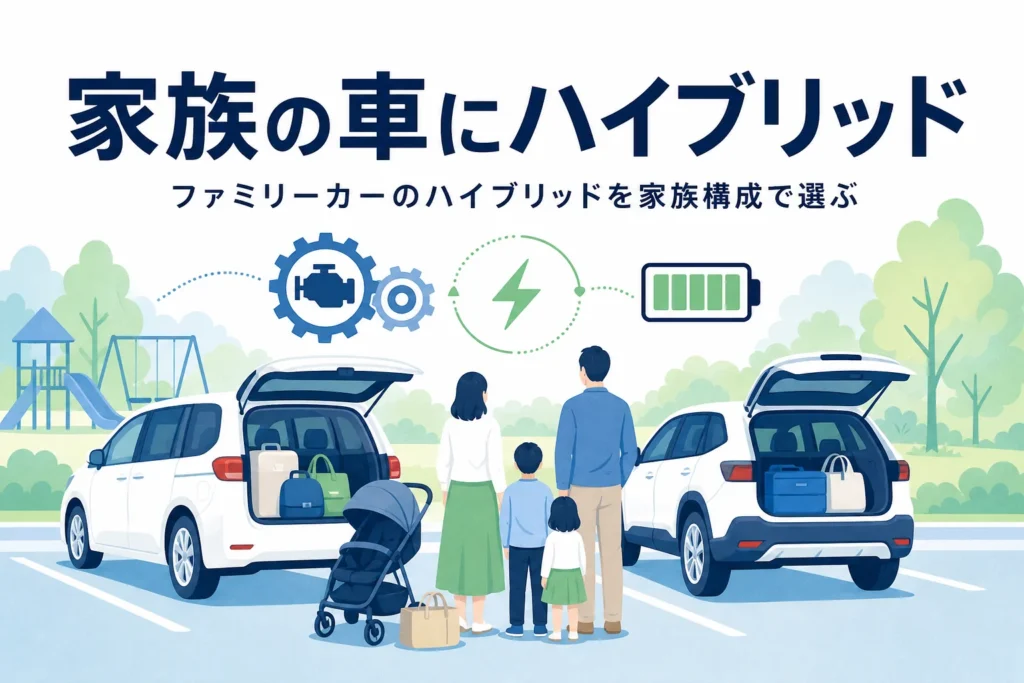 公園の駐車場に止まったファミリーカーのシルエットと荷室のベビーカー、ファミリーカーのハイブリッドの選び方を紹介する記事タイトル