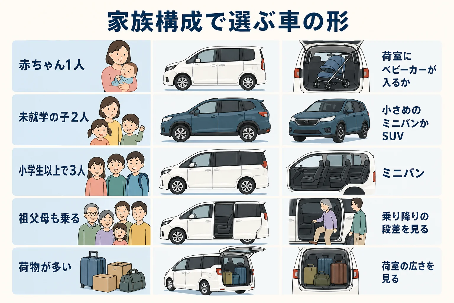 家族の人数と子どもの年齢ごとに、合うボディタイプとハイブリッドで見たいことを並べた図解