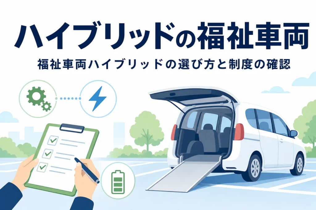 スロープの付いたミニバンのシルエットに「ハイブリッドの福祉車両」の文字