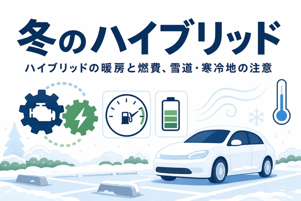 雪の駐車場に止まる乗用車と温風のアイコンに「冬のハイブリッド」の文字