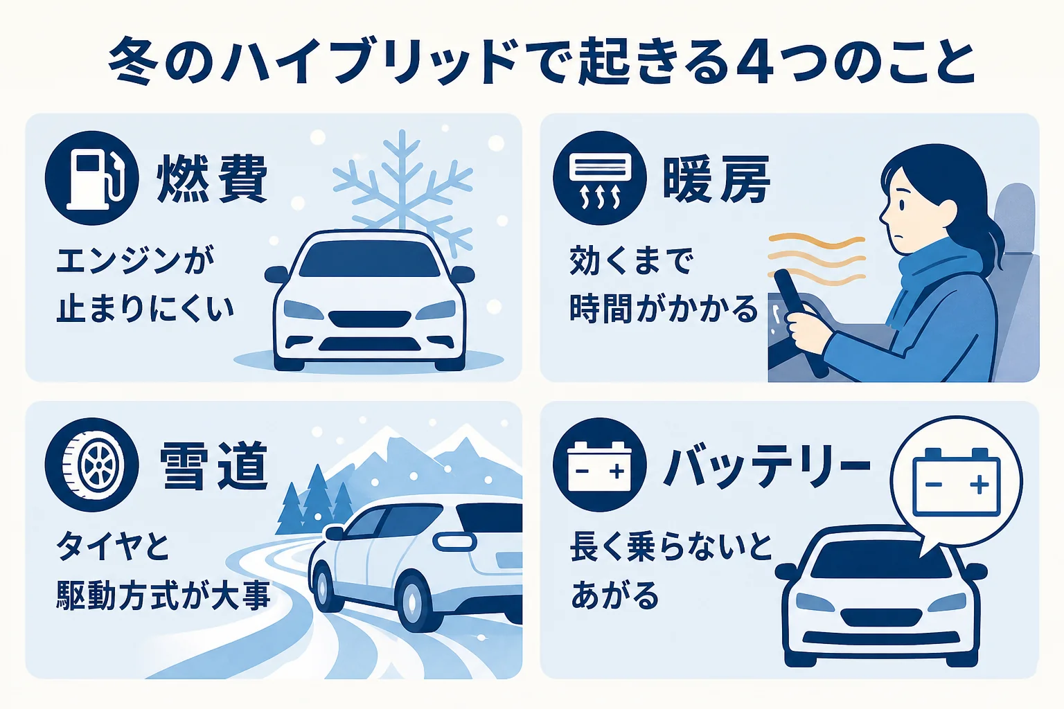 冬のハイブリッド車で起きる燃費・暖房・雪道・バッテリーの4つのことと、その備えをまとめた図解