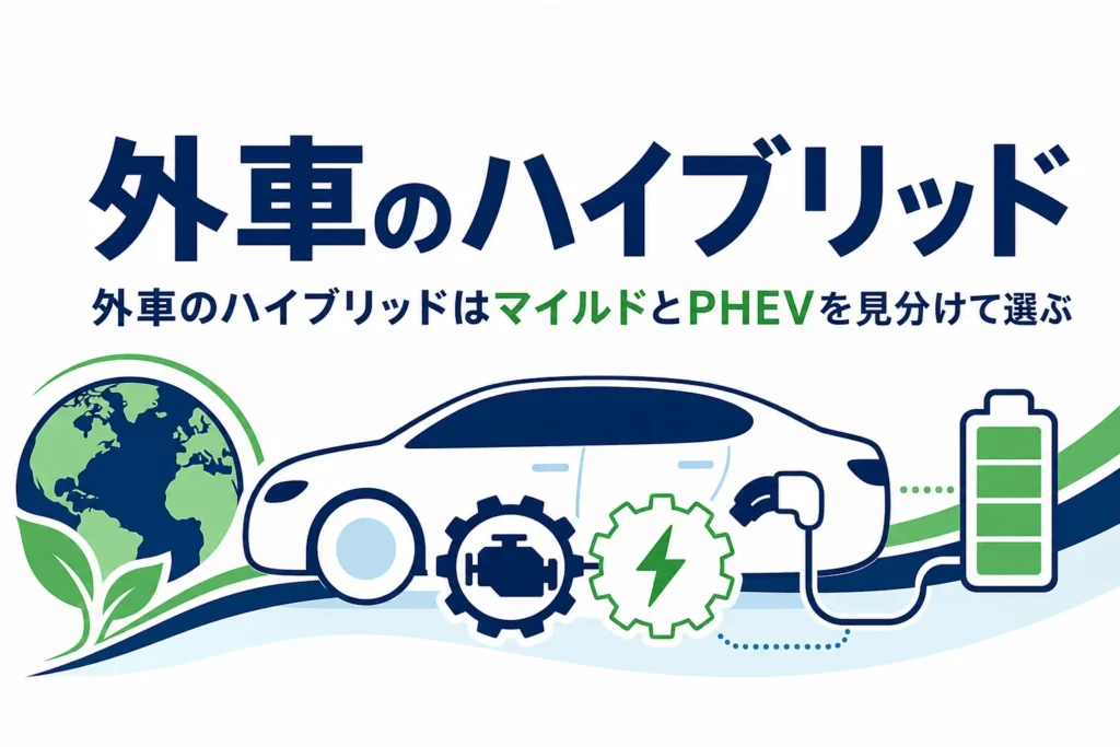 車のシルエットと充電プラグと地球儀で、外車・輸入車のハイブリッドの選び方を表したアイキャッチ