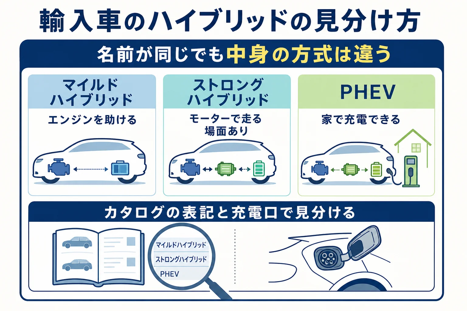 外車・輸入車のハイブリッドをマイルド・ストロング・PHEVの3つに見分ける図解