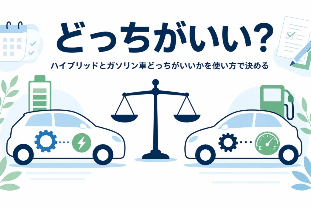 ハイブリッド車とガソリン車を天びんで比べるイラストと、どっちがいいかを決める記事タイトル