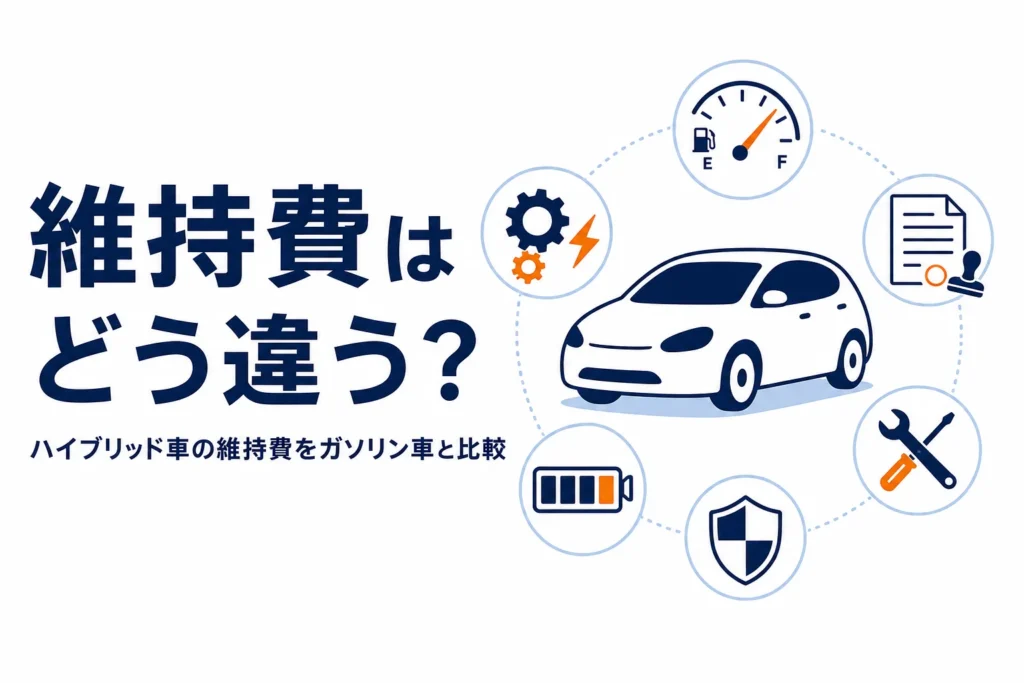 乗用車のまわりに燃料計や工具、電池のマークが並ぶイラストと、ハイブリッド車の維持費を比べる記事タイトル