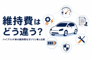 乗用車のまわりに燃料計や工具、電池のマークが並ぶイラストと、ハイブリッド車の維持費を比べる記事タイトル