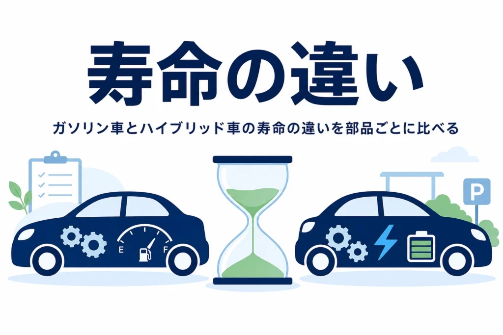 ガソリン車とハイブリッド車のシルエットと砂時計のイラストと、寿命の違いを比べる記事タイトル