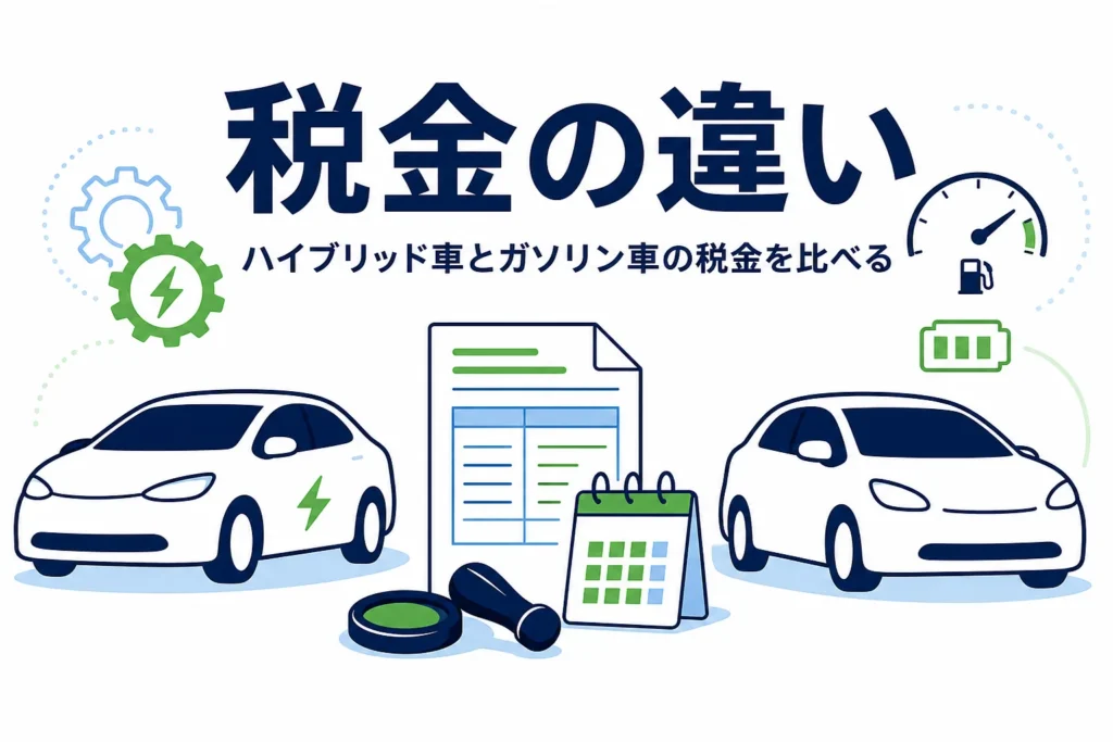 2台の乗用車の間に書類とカレンダーのマークが並ぶイラストと、ハイブリッド車とガソリン車の税金の違いを紹介する記事タイトル