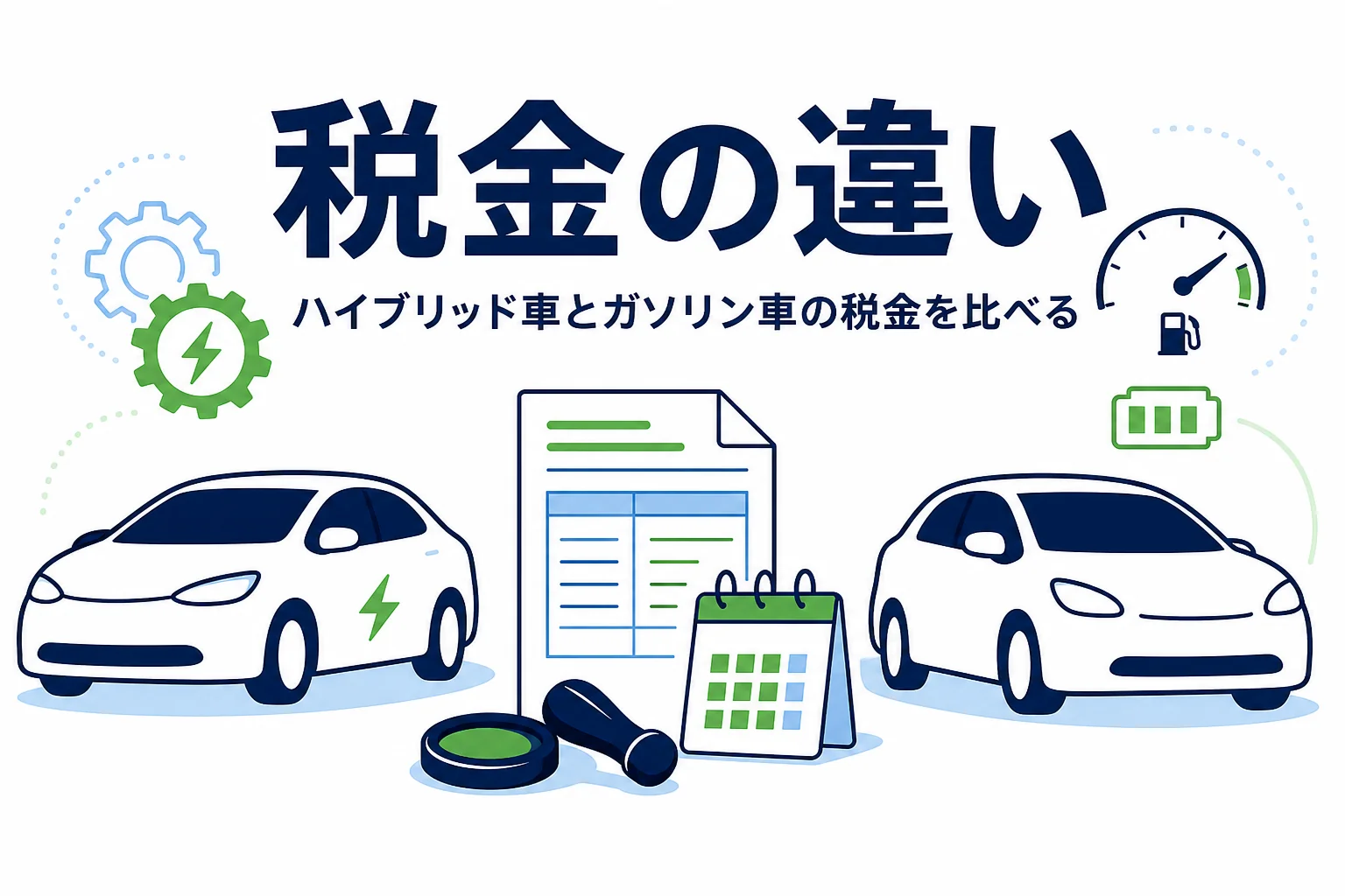 2台の乗用車の間に書類とカレンダーのマークが並ぶイラストと、ハイブリッド車とガソリン車の税金の違いを紹介する記事タイトル