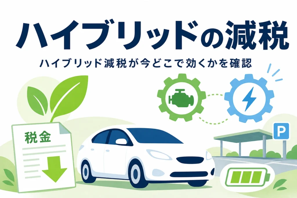 乗用車のシルエットとエコマーク・税の書類が並び、ハイブリッド車の減税を解説する記事タイトル