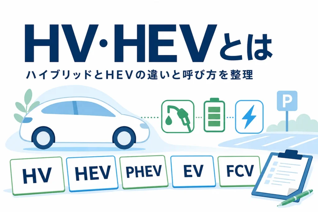 乗用車のシルエットと給油・電池のマークに「HV・HEVとは」の文字