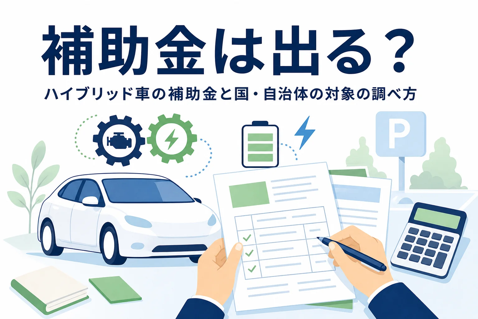 乗用車のシルエットと補助金の申請書類を確かめる手元のイラストと、ハイブリッド車の補助金の記事タイトル